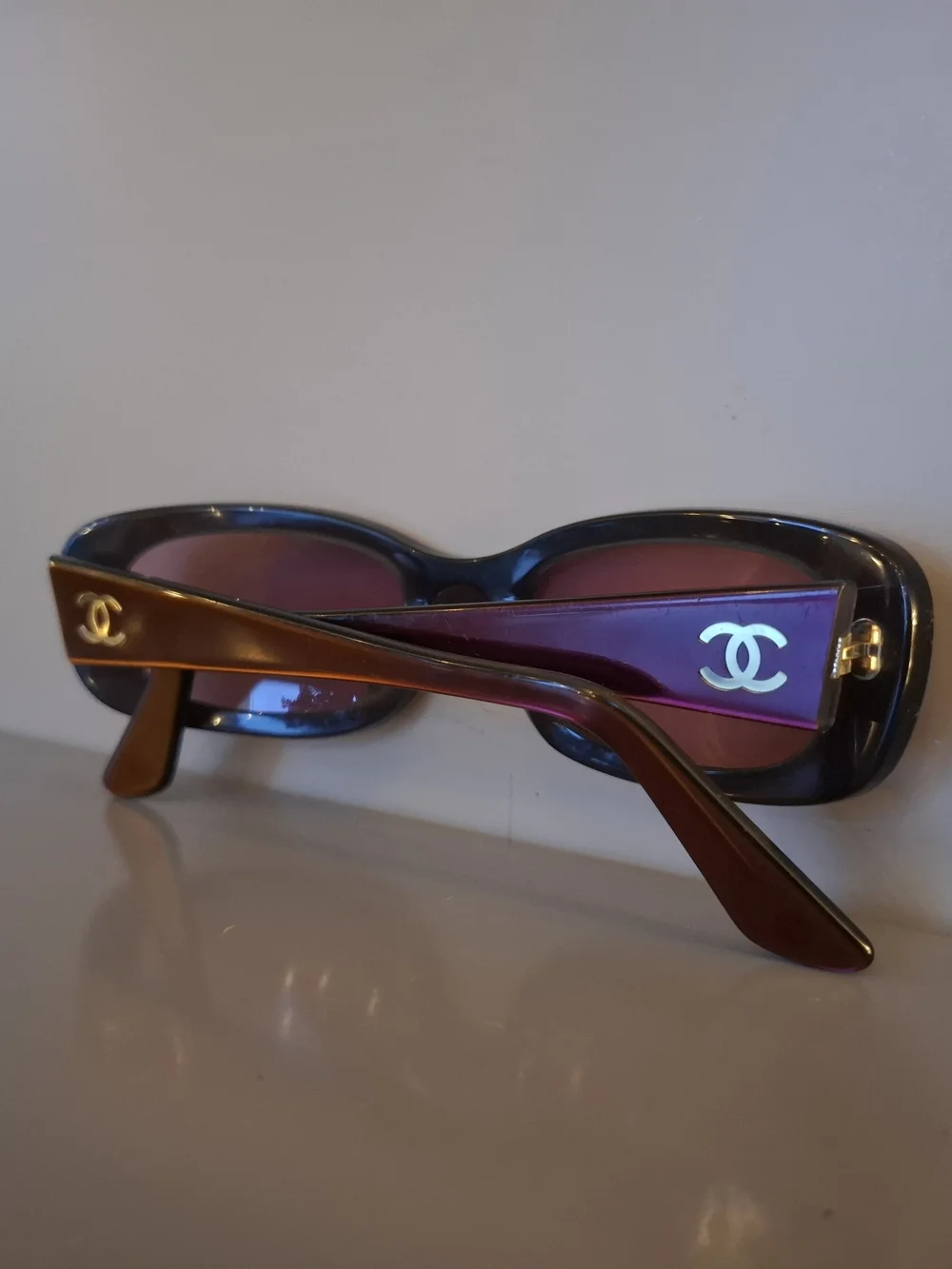 CHANEL Brown Frame with Purple Lenses Rectangular Sunglasses